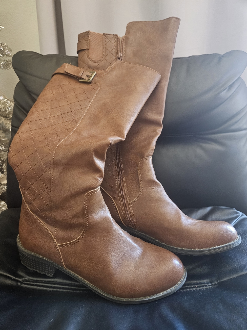Quilted Mid-Calf Heeled Boots in Brown.  9.5